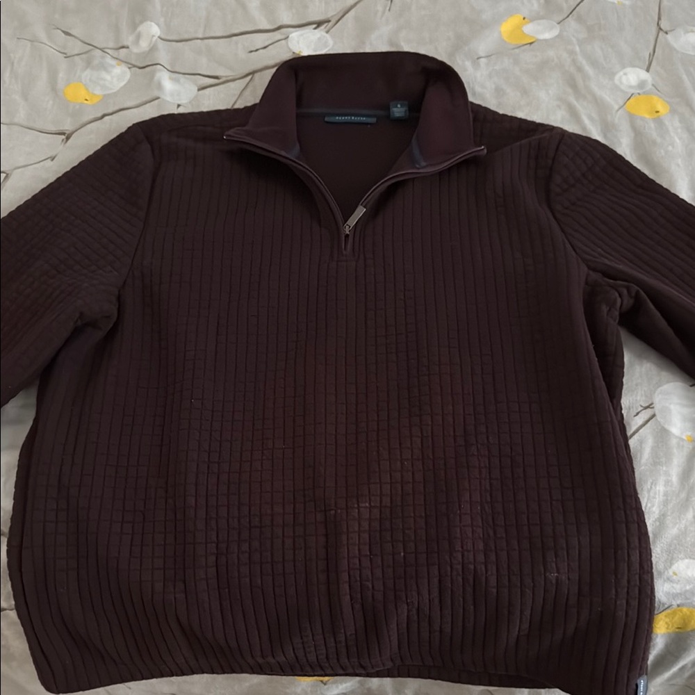 Perry Ellis Brown Zip Up Sweater with Ribbed Knit Texture